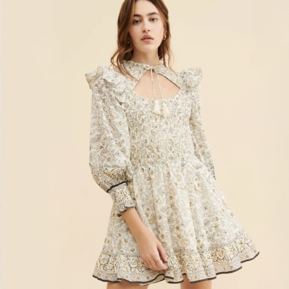 Cleobella Ivory and Gold Printed Long-Sleeve Mini Dress
